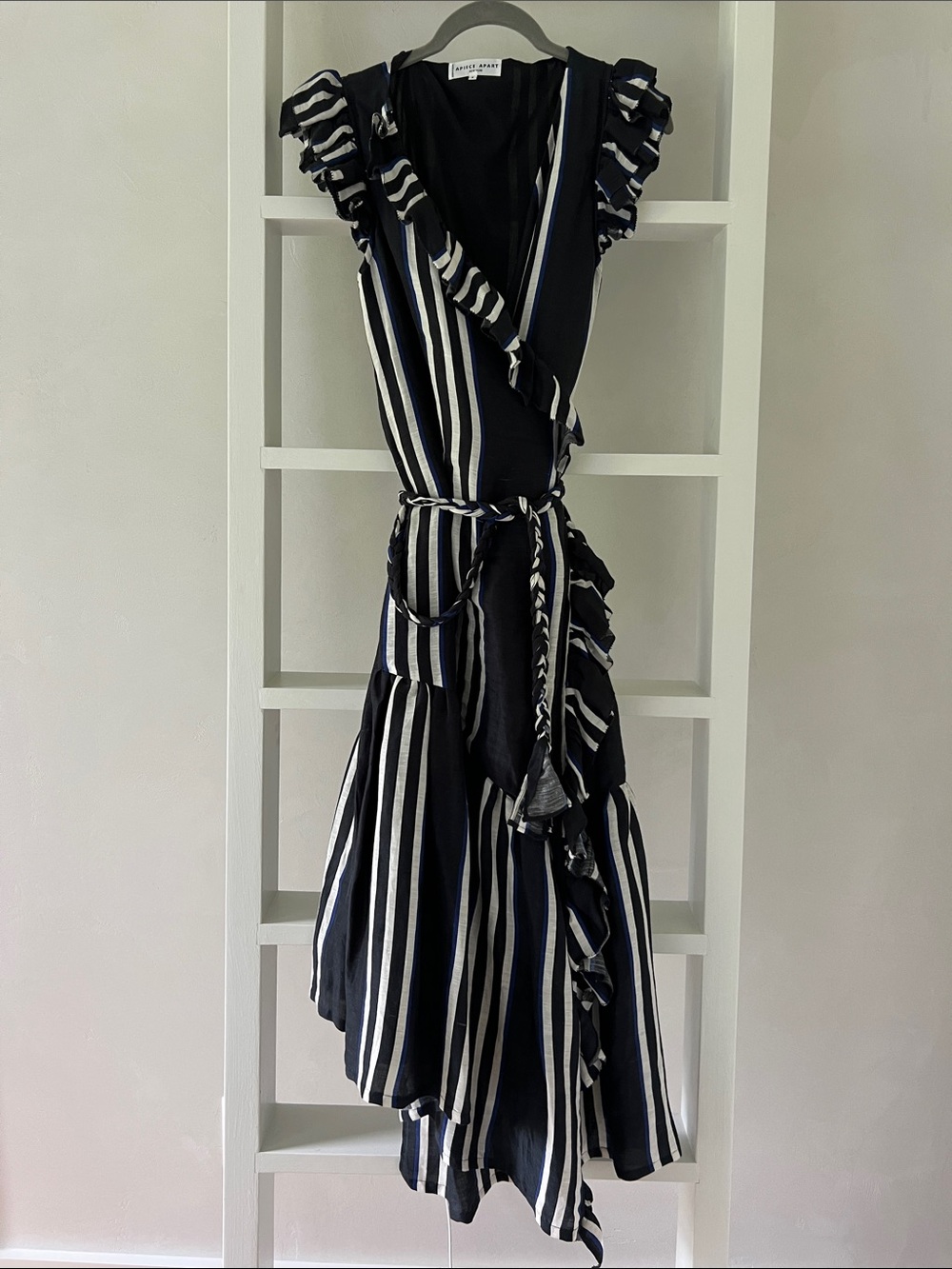Apiece Apart Costa Del Sol Black & White Striped Asymmetrical ruffle Wrap Dress